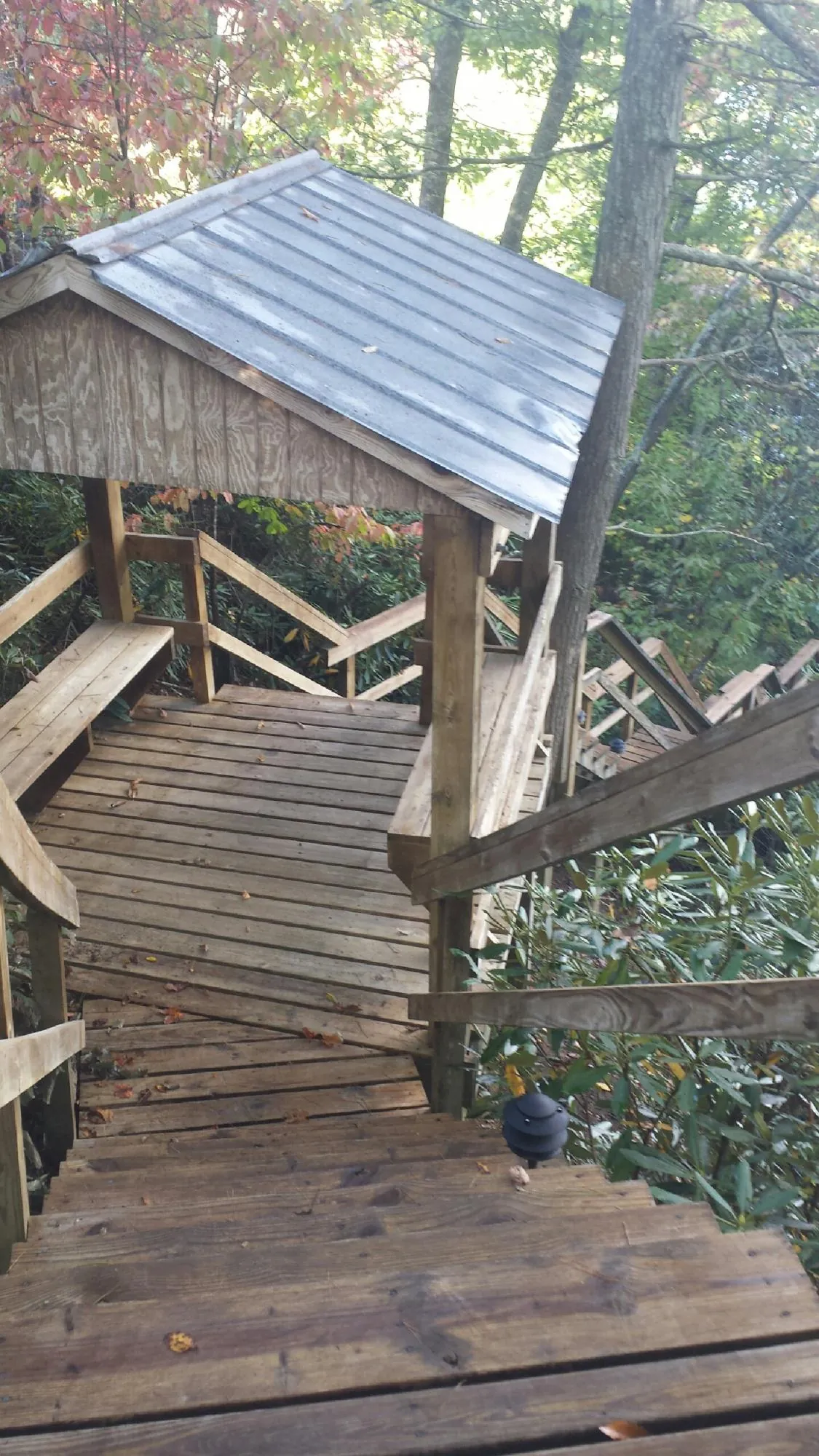 Metal roofed shelter over wooden steps on a wooded walkway — Skylight Repair & Installation work by our crew in Shreve